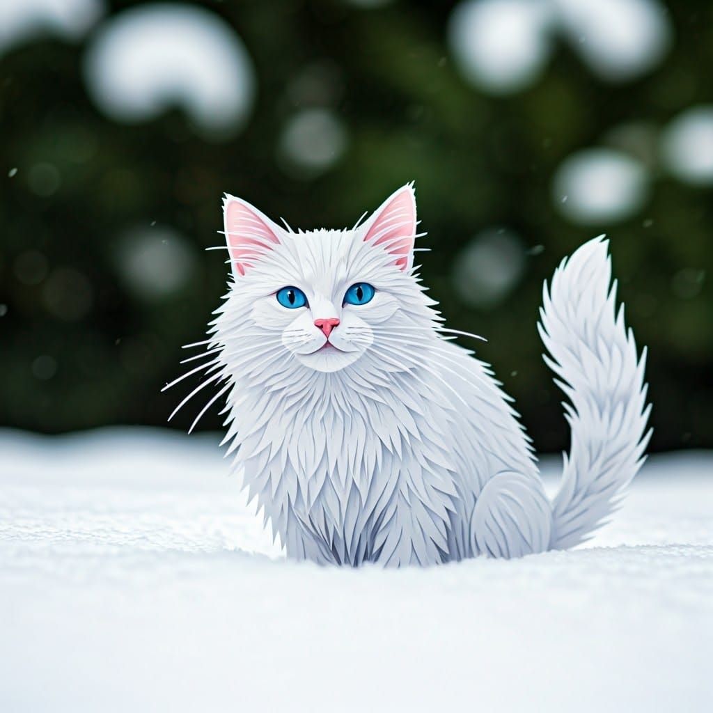 Whimsical Papercut of a White Cat in a Snowy Winter Wonderla...
