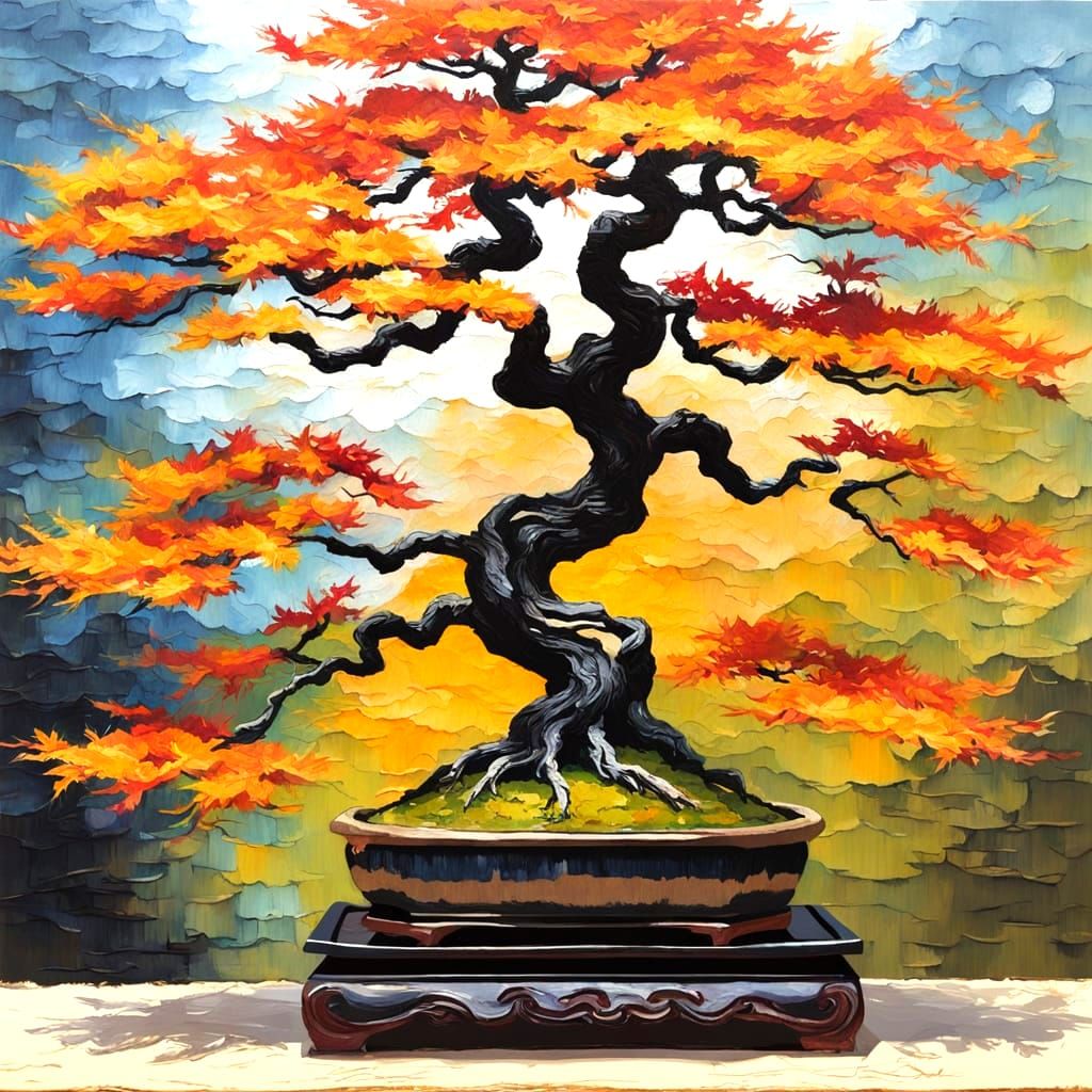 Black Cat and Japanese Maple Bonsai as Impasto Painting