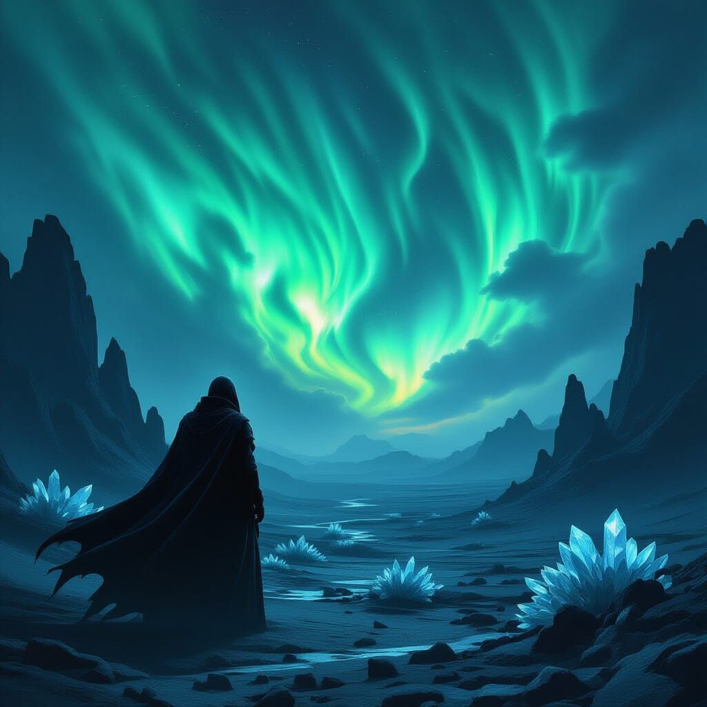 Vampire on Alien Planet Under Emerald Aurora Sky