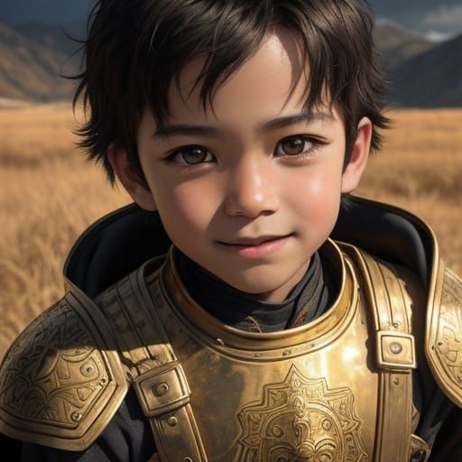 Innocent Child in Gold Armor with Ominous Shadows