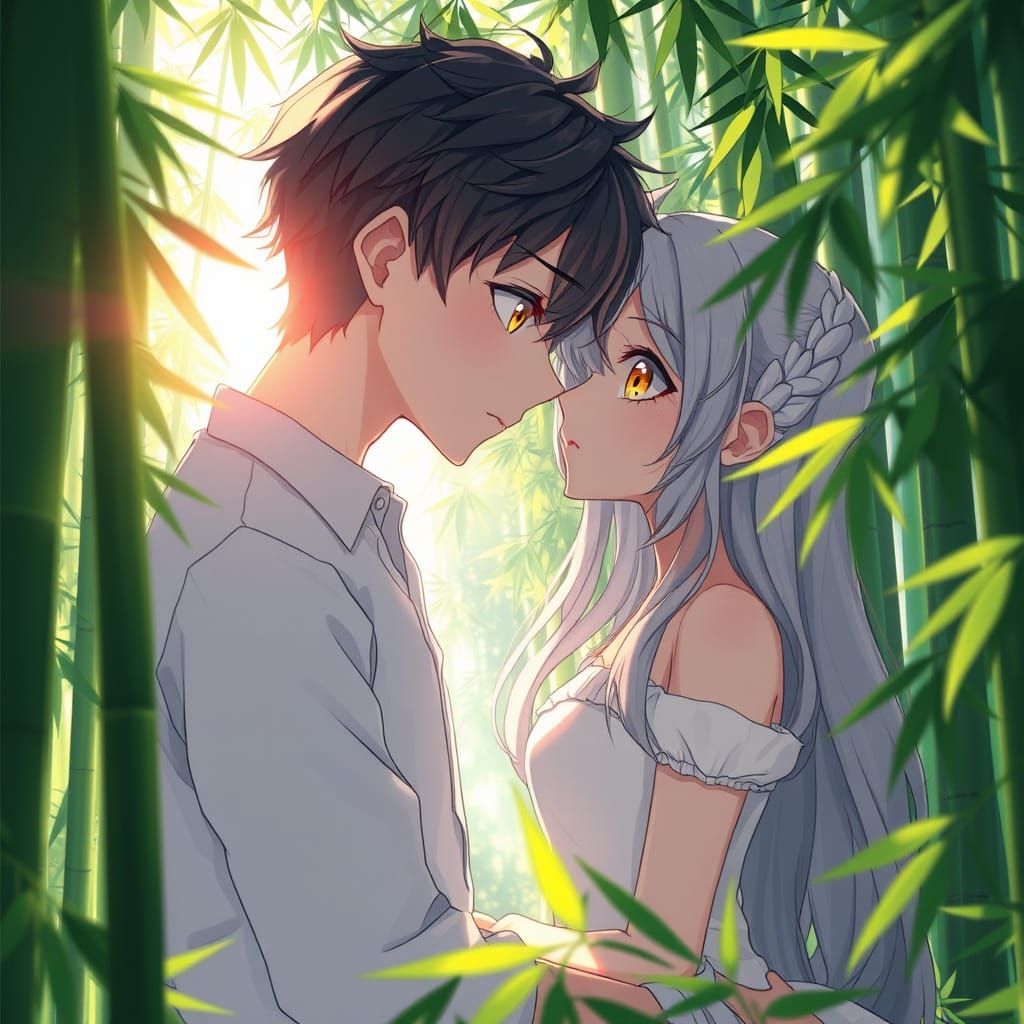 Romantic Anime Scene in Whimsical Bamboo Forest