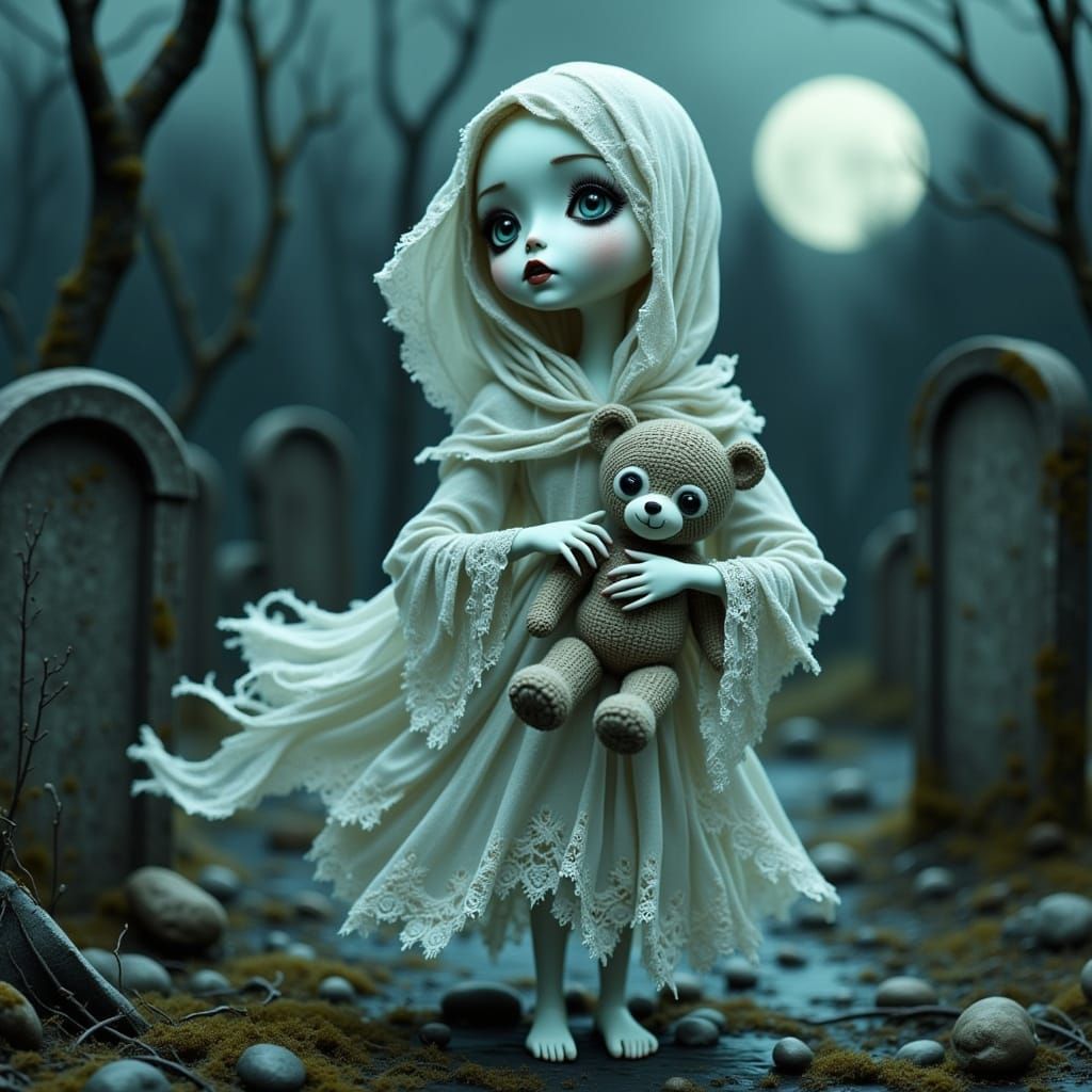 Ethereal Doll's Resurrection in a Haunting Cemetery