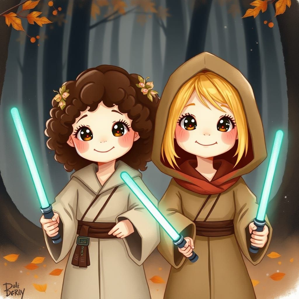 Girls as Jedi in Whimsical Autumnal Illustration