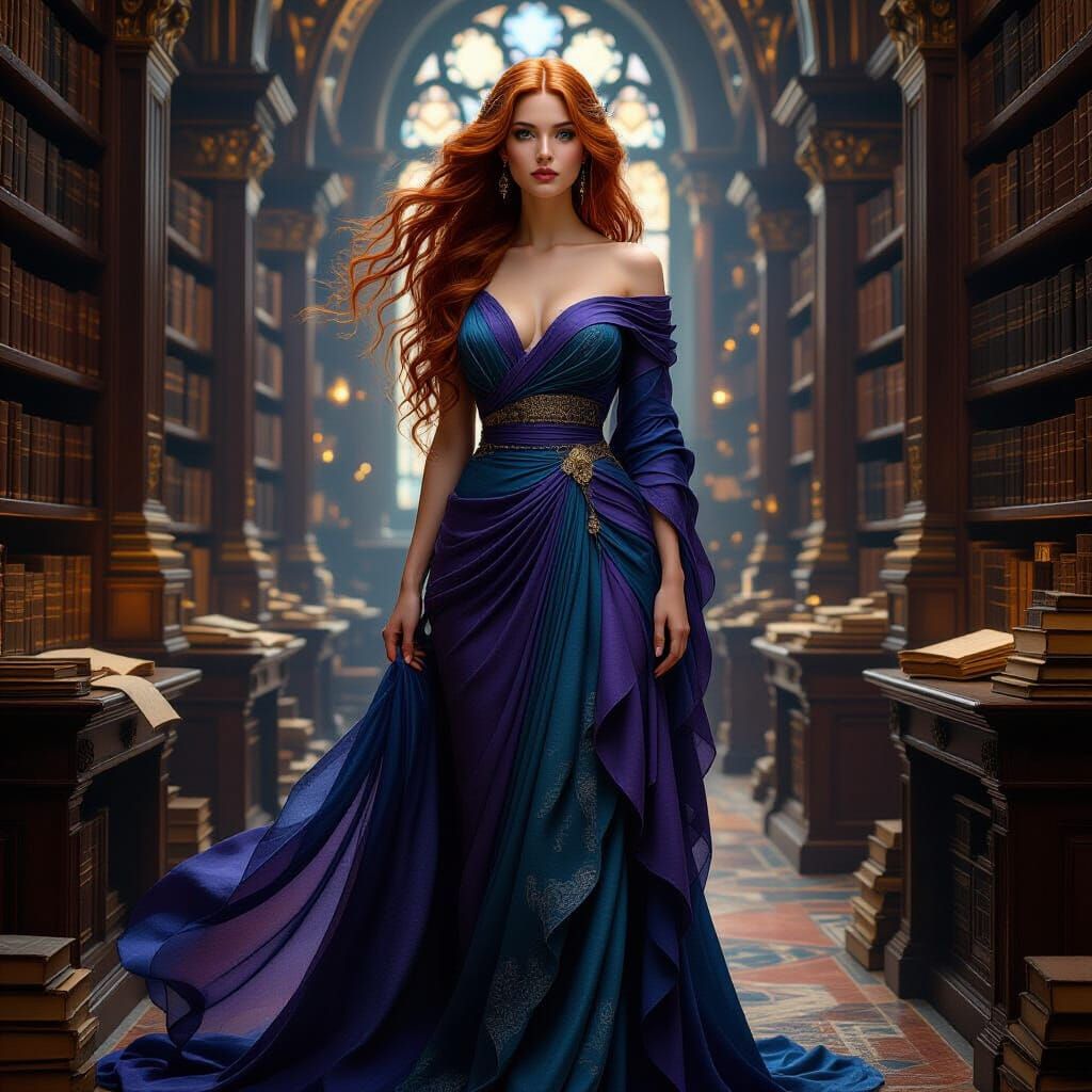 Mysterious Woman in Library, Pre-Raphaelite Style