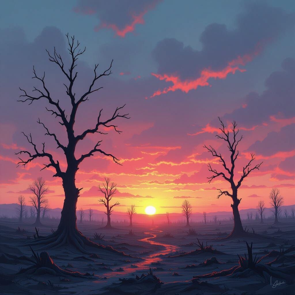 Ash-Charred Countryside Ablaze at Sunset