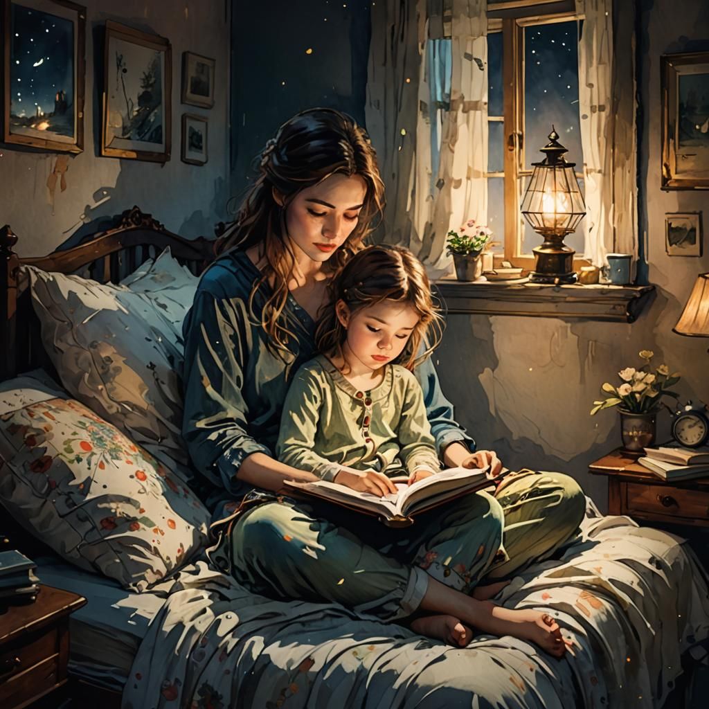 Mother Reading Bedtime Story: Watercolor Illustration