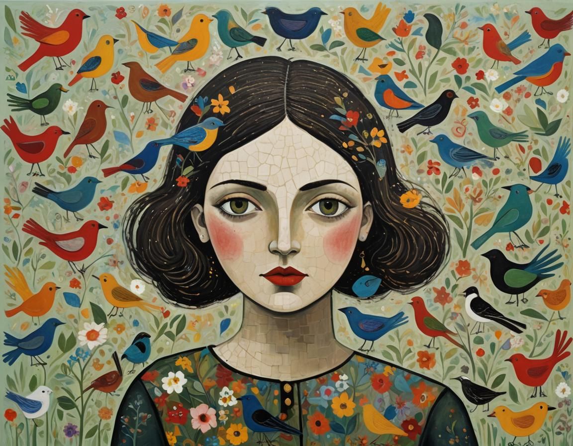 Girl with Bird in Graffiti Splash Art Style