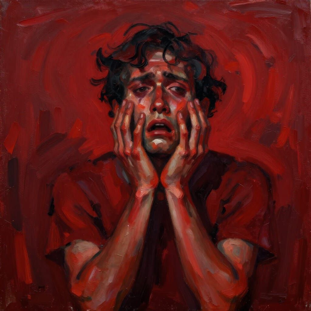 Expressionist Portrait of Emotional Turmoil in Crimson