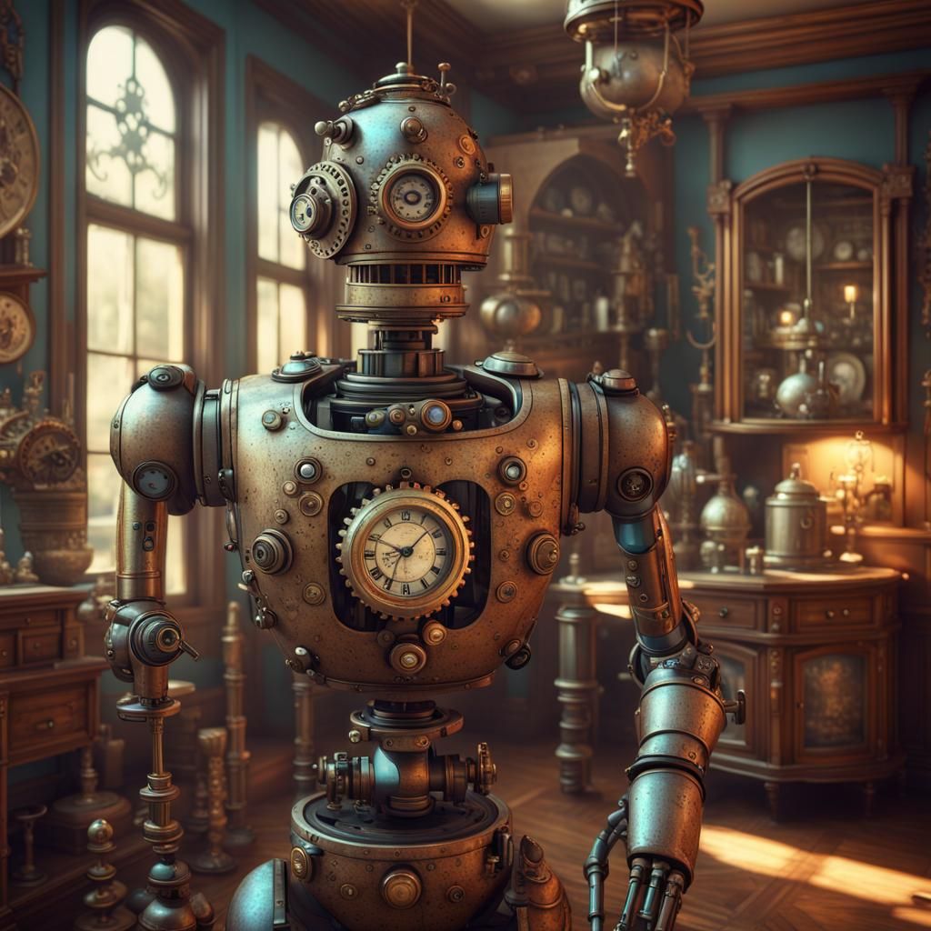 Steampunk Robot Butler in Detailed Mansion Interior