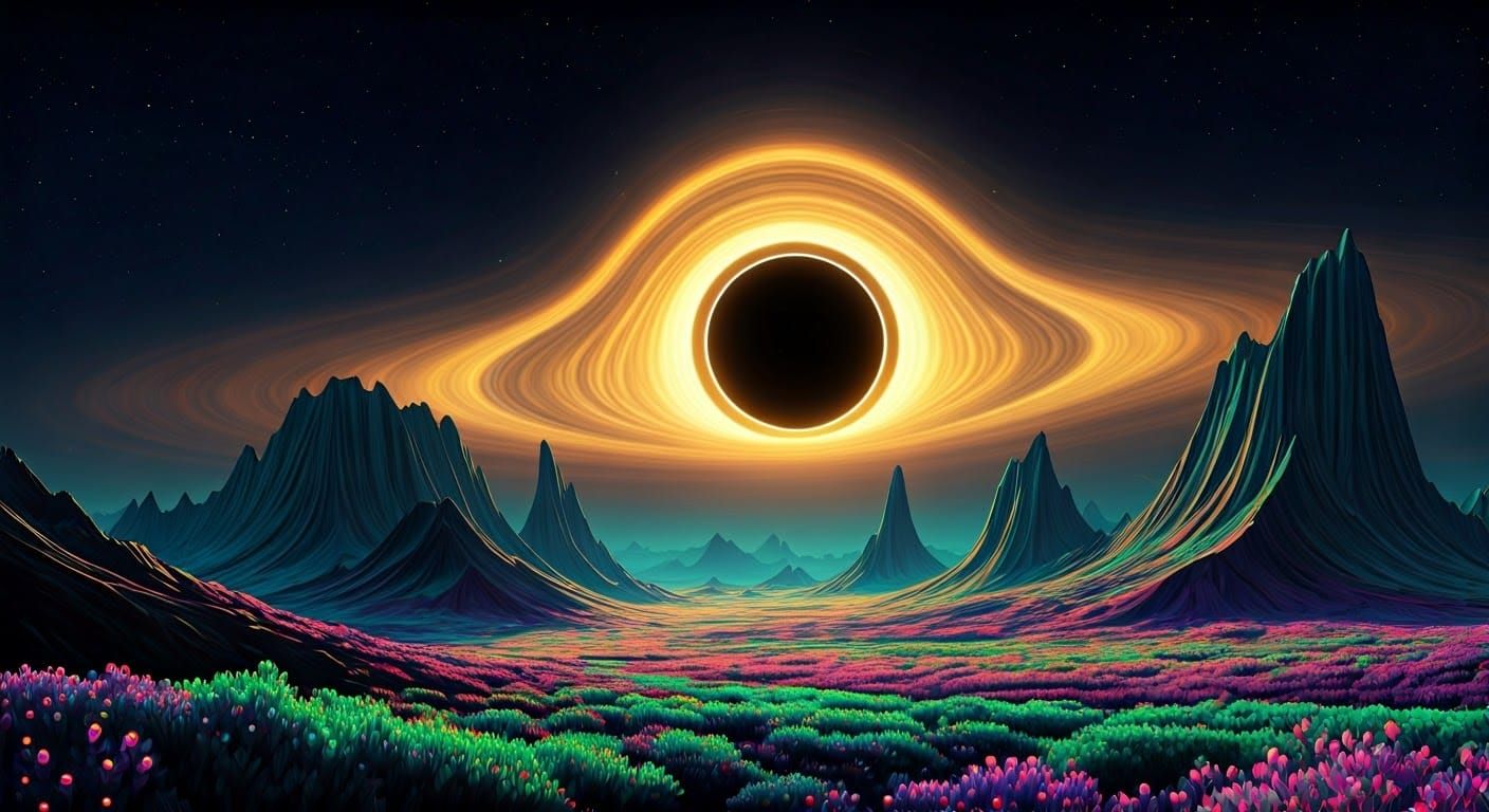 Surreal Cosmic Landscape with Iridescent Rock Formations and...