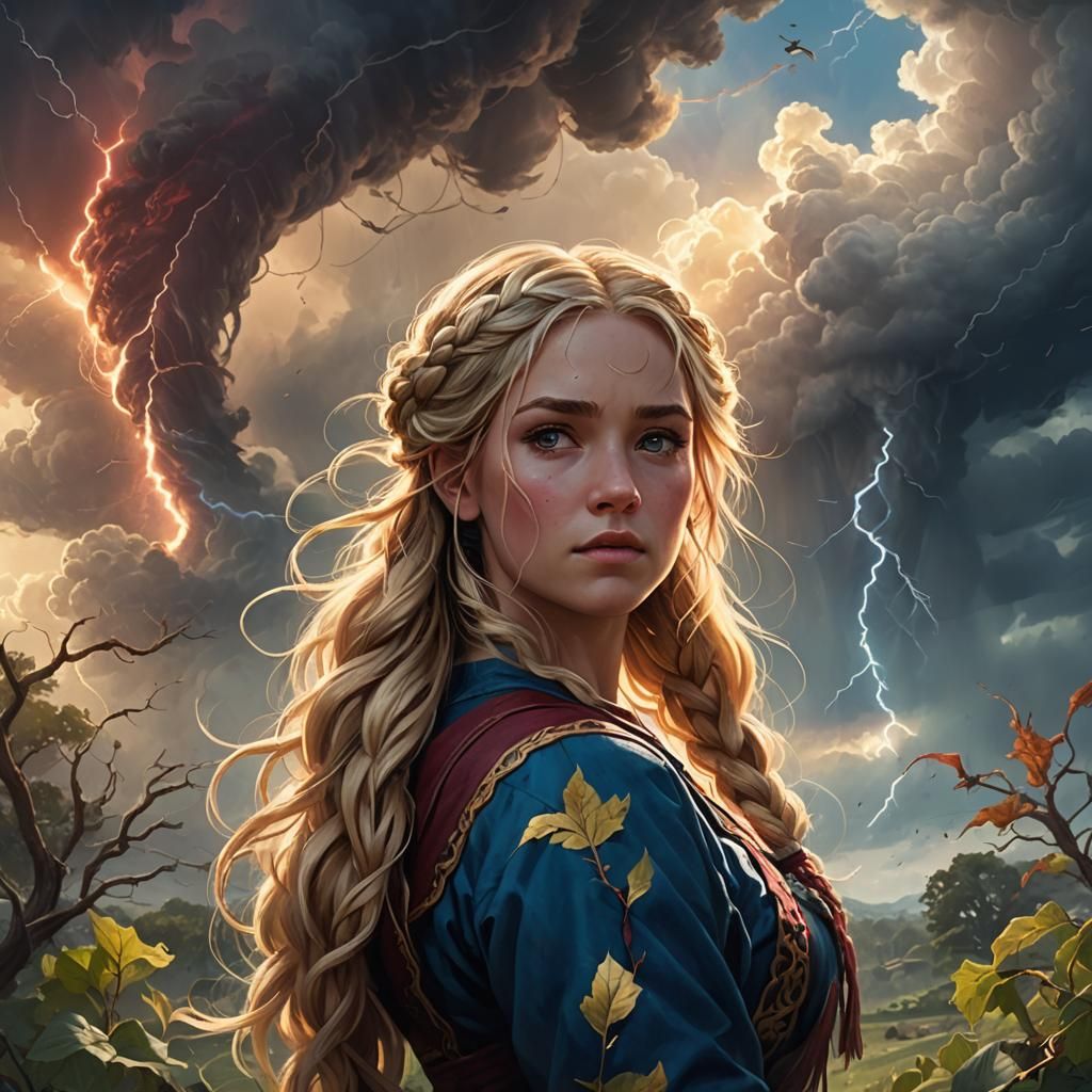 Girl Facing Tornado in Fantasy Art Style