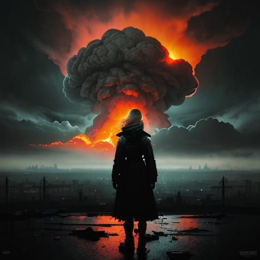 Girl in Ominous Window, Nuclear Explosion in the Background