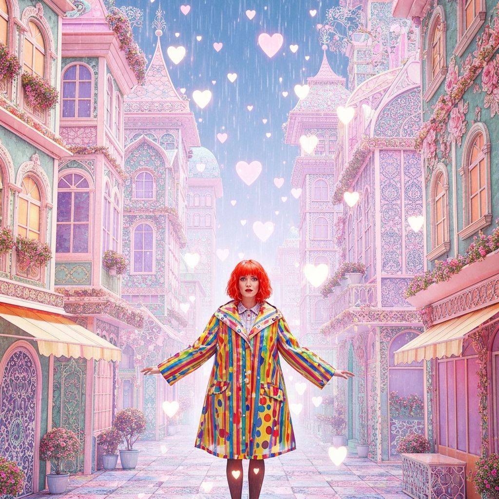 Woman in Heart Rain, in Lowbrow Art Style