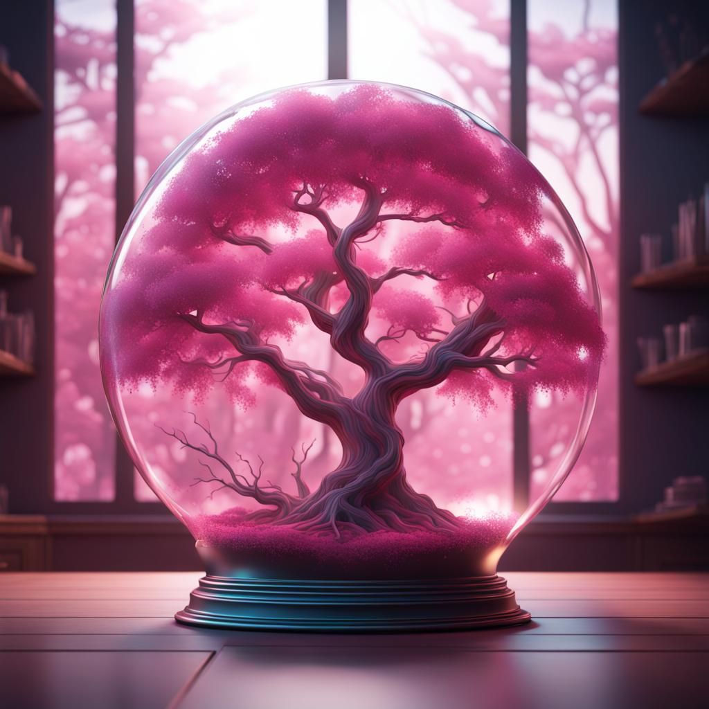 Pink Tree Encased in Glass: Detailed Matte Painting