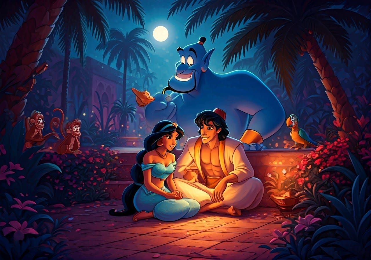 Moonlit Oasis Romance in Whimsical Fantasy Style