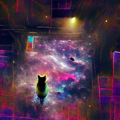 Cat Floating in Space Among the Stars