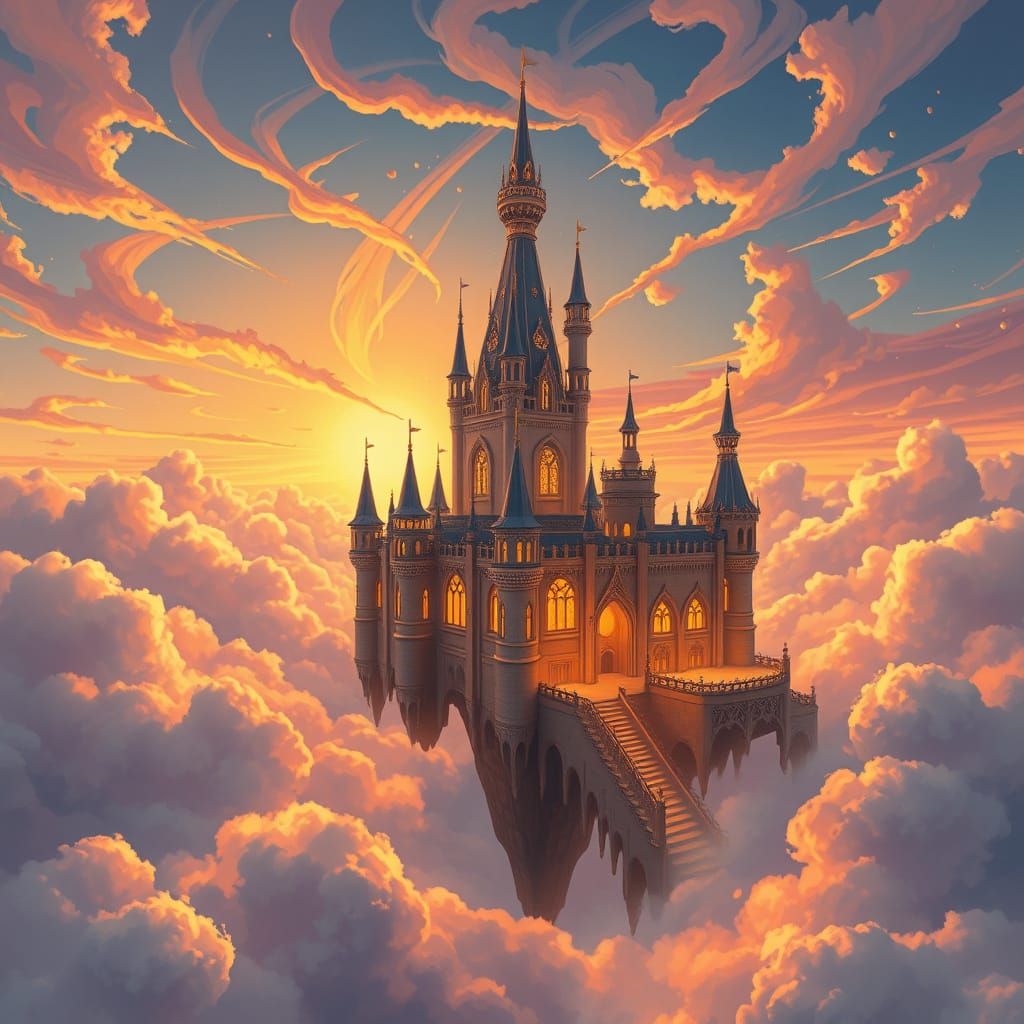 Surreal Castle Hovers Amidst Swirling Clouds in Vibrant Pain...