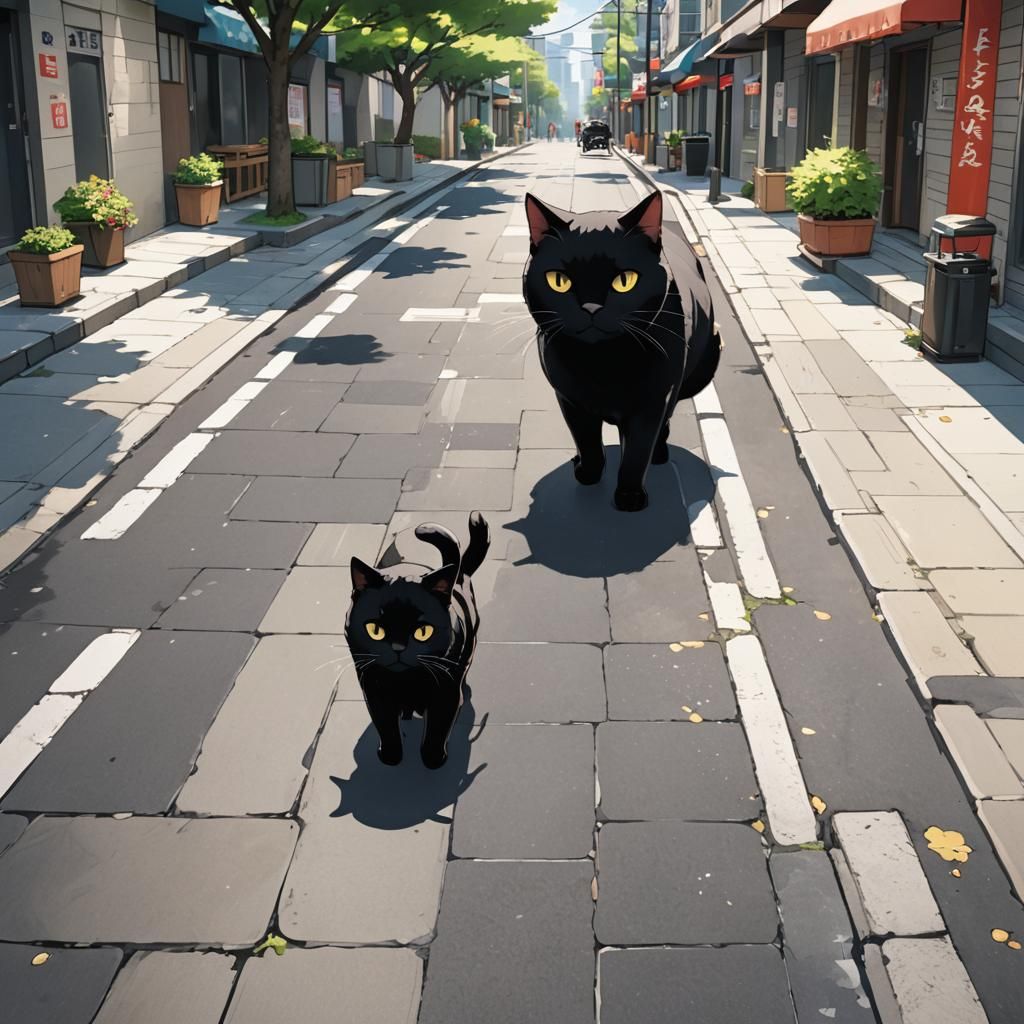 two fat black cats walking down the road on a sunny morning