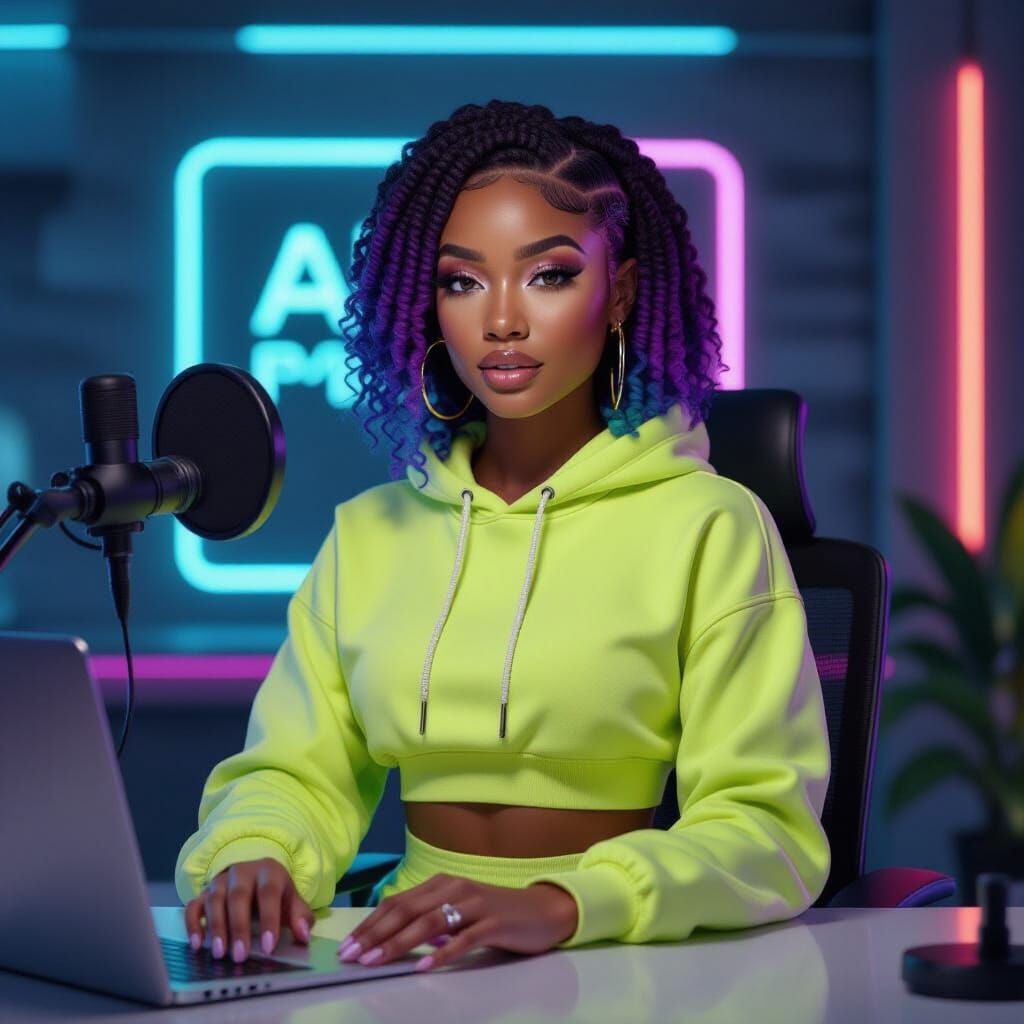 Elegant Black Woman in Neon Athleisure in Podcast Studio