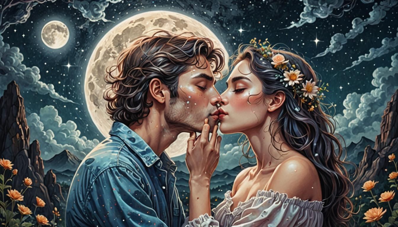 Cosmic Moonlight Kiss: A Visionary Illustration