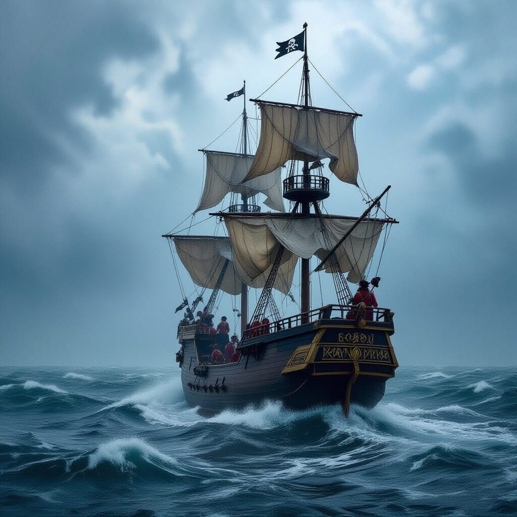 Pirate Ship Sailing in Stormy Sea