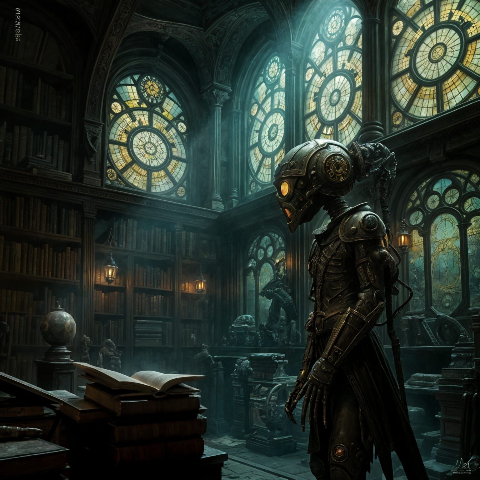 Ancient Brass Automaton Guards Bioluminescent Library