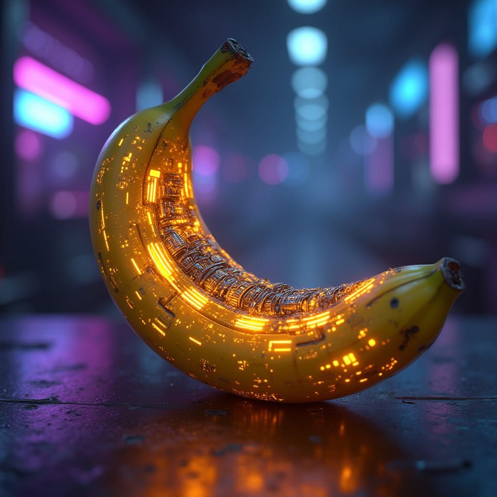 Cyberpunk Banana in Neon-Lit Laboratory