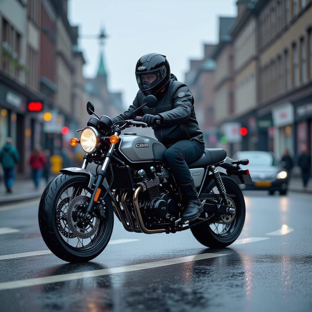 Motorcycle on Wet City Road in Futuristic Realism Style