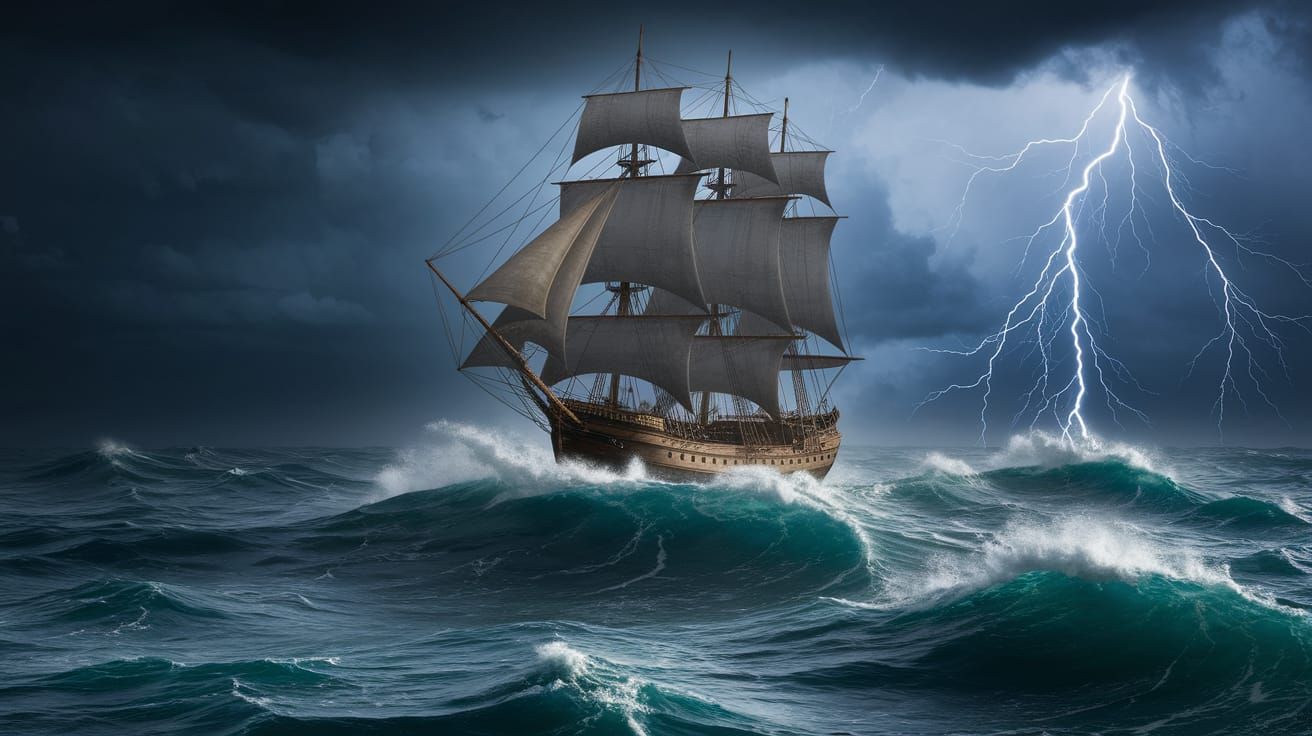 Stormy Seas Full-Rigged Ship Battles Towering Waves