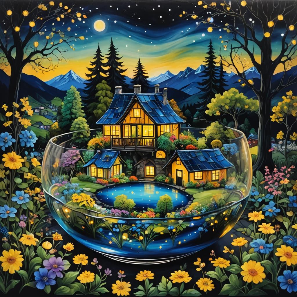 Dark Fantasy Cottage in Glass Bowl