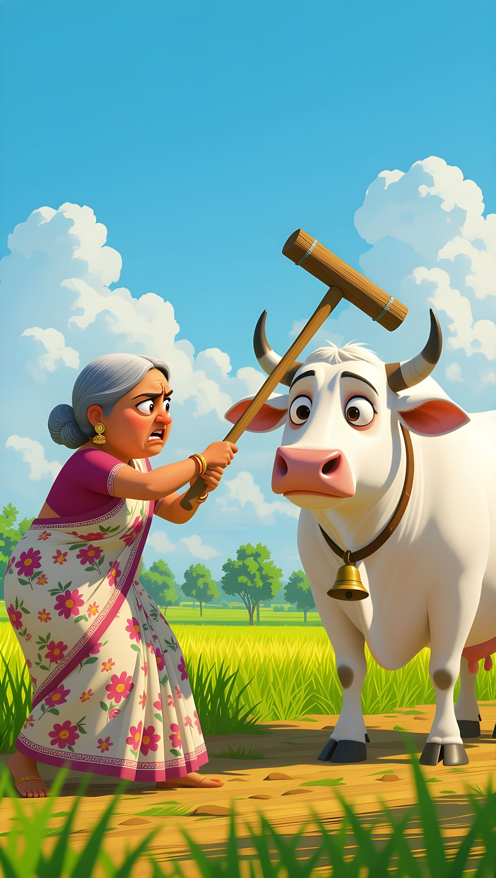 Indian Woman Confronts Oversized Cow in Lush Village Field