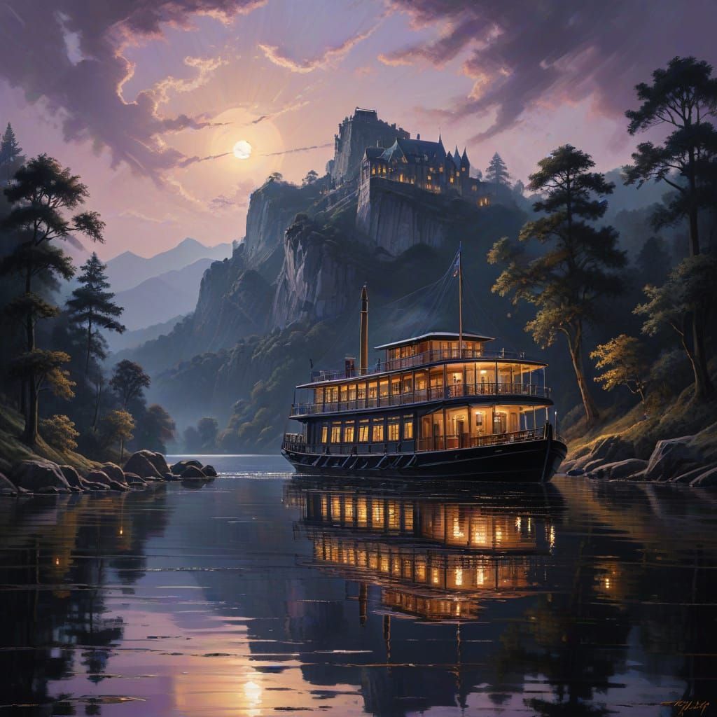 Riverboat Under a Warm Moonlit Sky