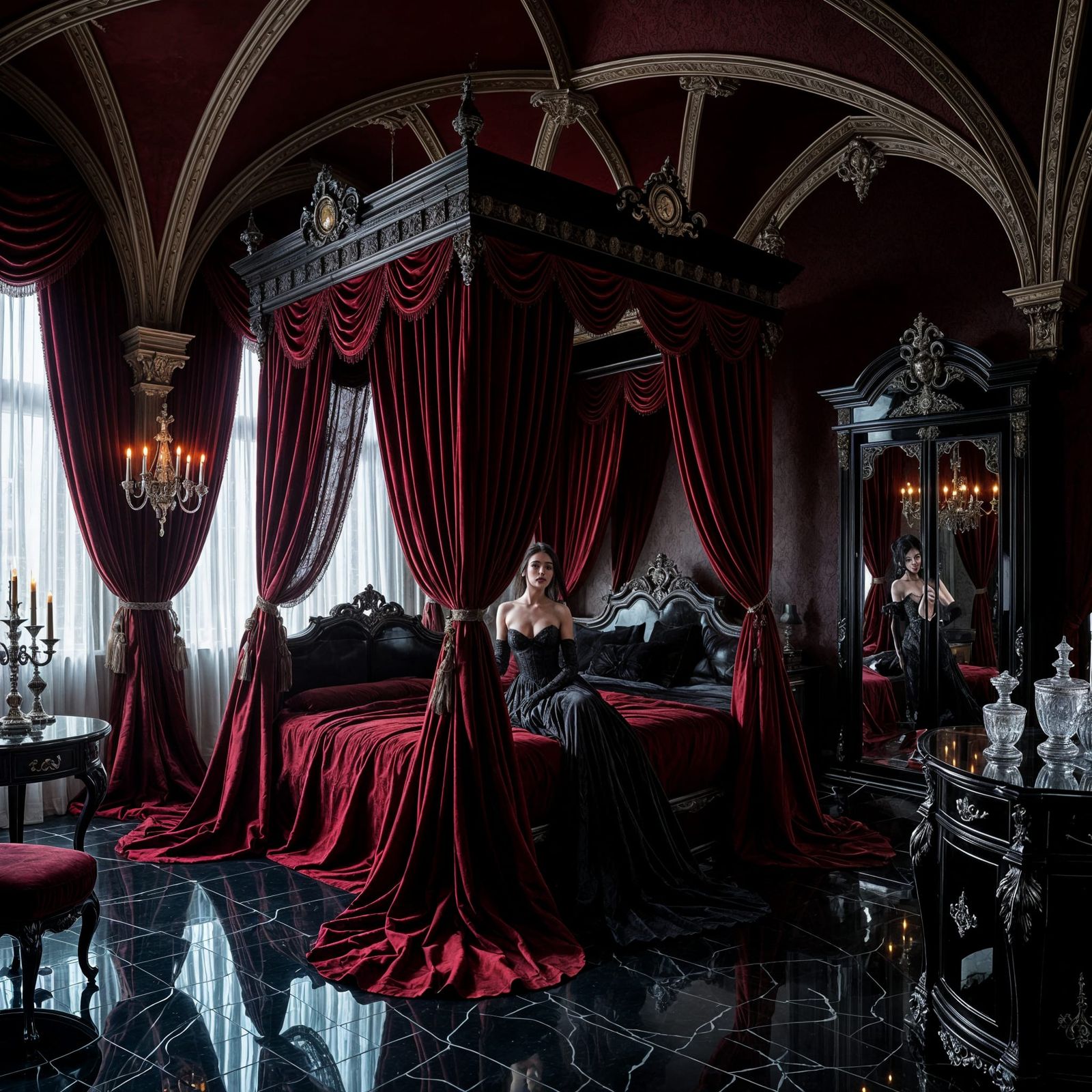 Opulent Crimson Bedroom of Countess Valmorra, Gothic Eleganc...