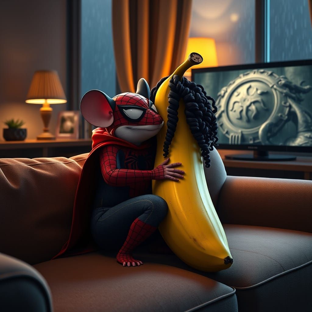 Whimsical Love Scene: Mouse in Spider-Man Costume Cuddles wi...