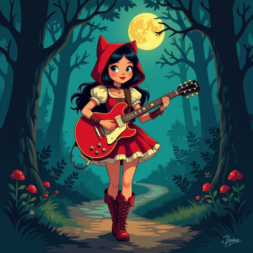 Rockstar Red Riding Hood with Electric Guitar in Dark Forest