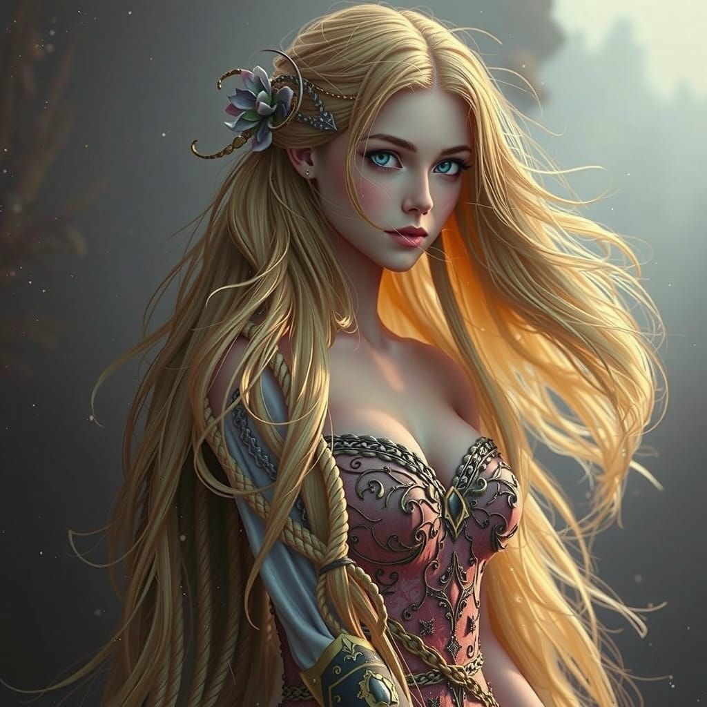 Enchanted Princess of Long Golden Locks in Whimsical Fantasy...