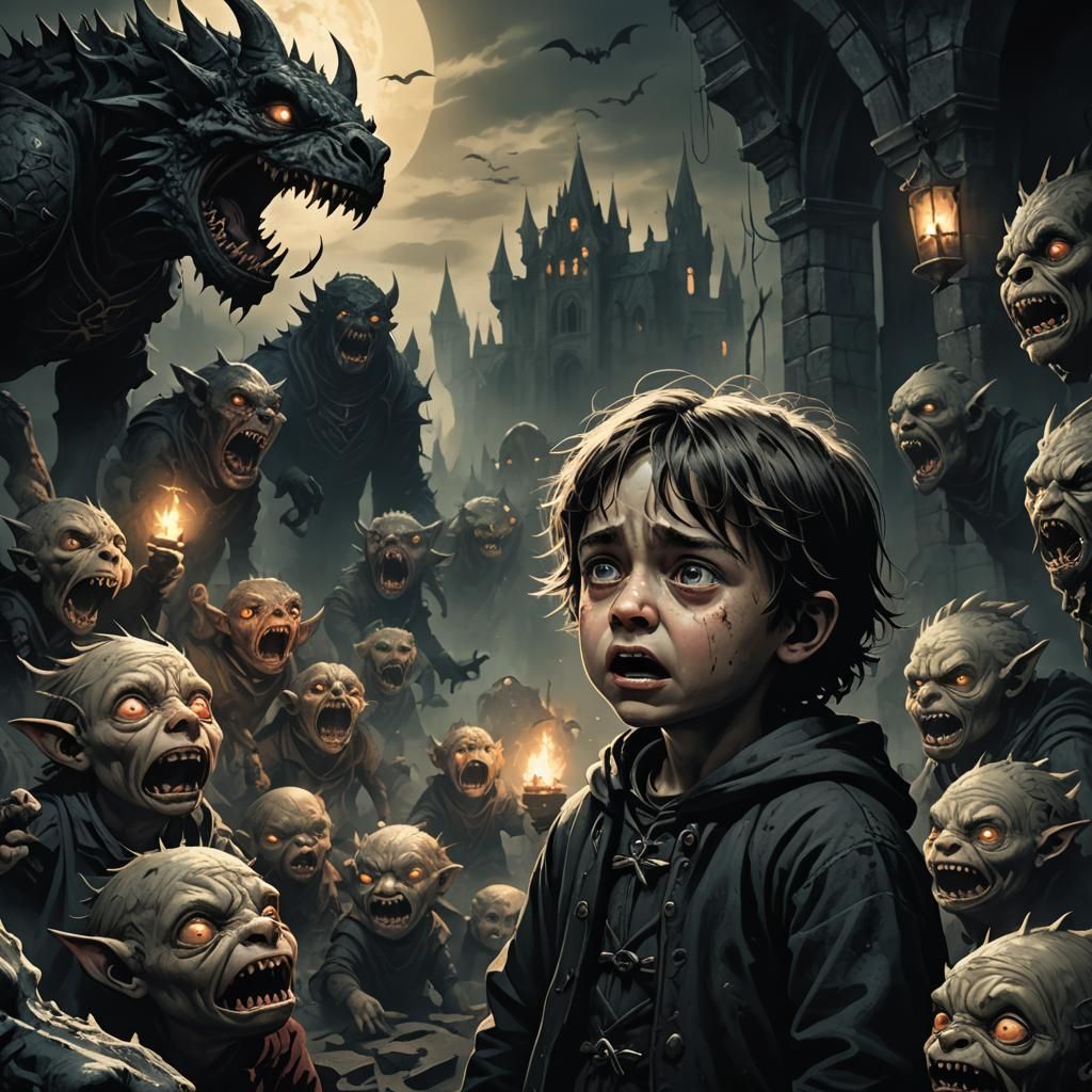 Crying Child Surrounded by Monsters in Gothic Digital Art