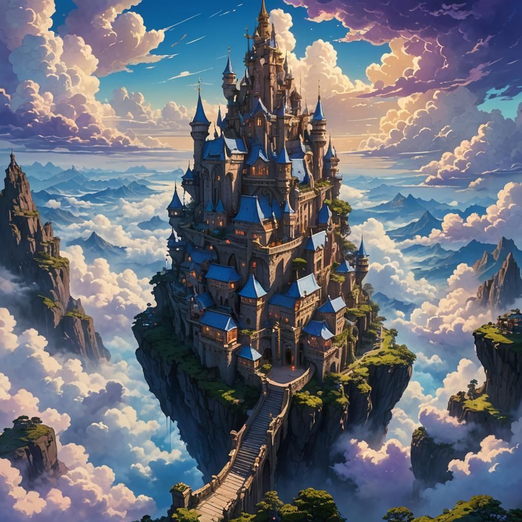 Majestic Kingdom Above Clouds in Fantasy Matte Painting