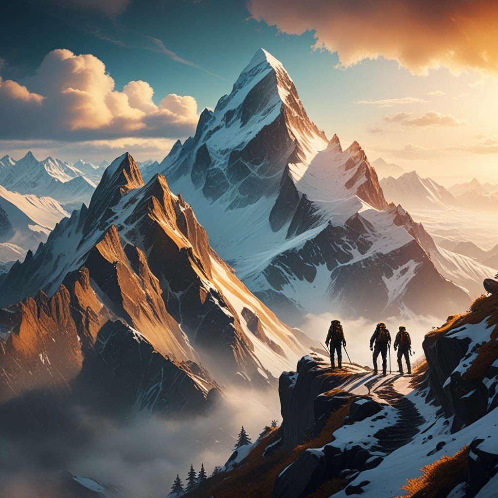 Climbers Ascend Mountain in Surreal Oil Painting