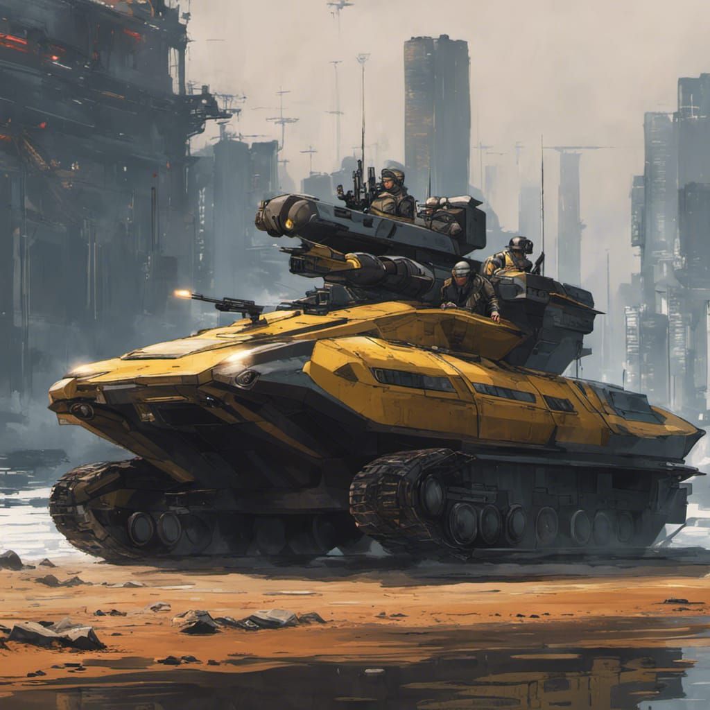 Cyberpunk Mercenaries Guarding Armored Hovercraft
