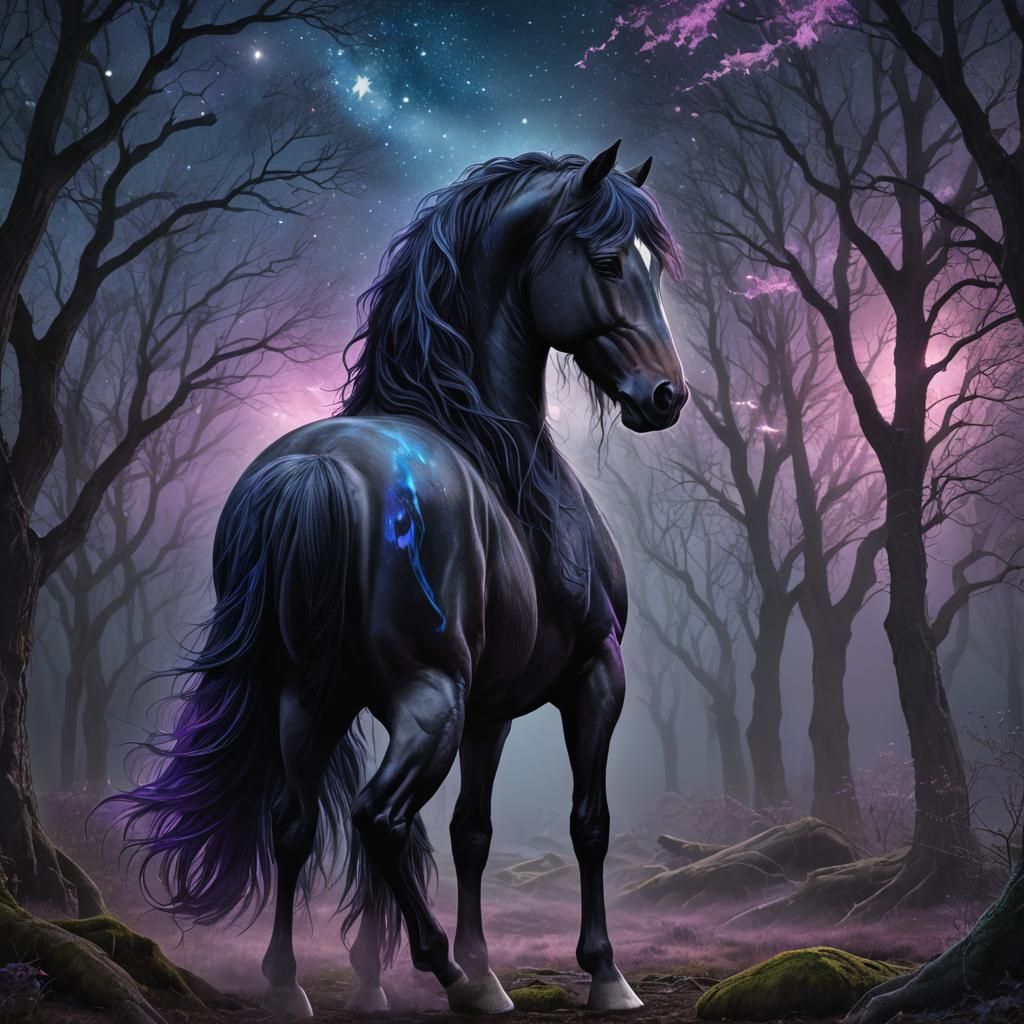 Mystical Dark Fantasy Stallion in Starry Night