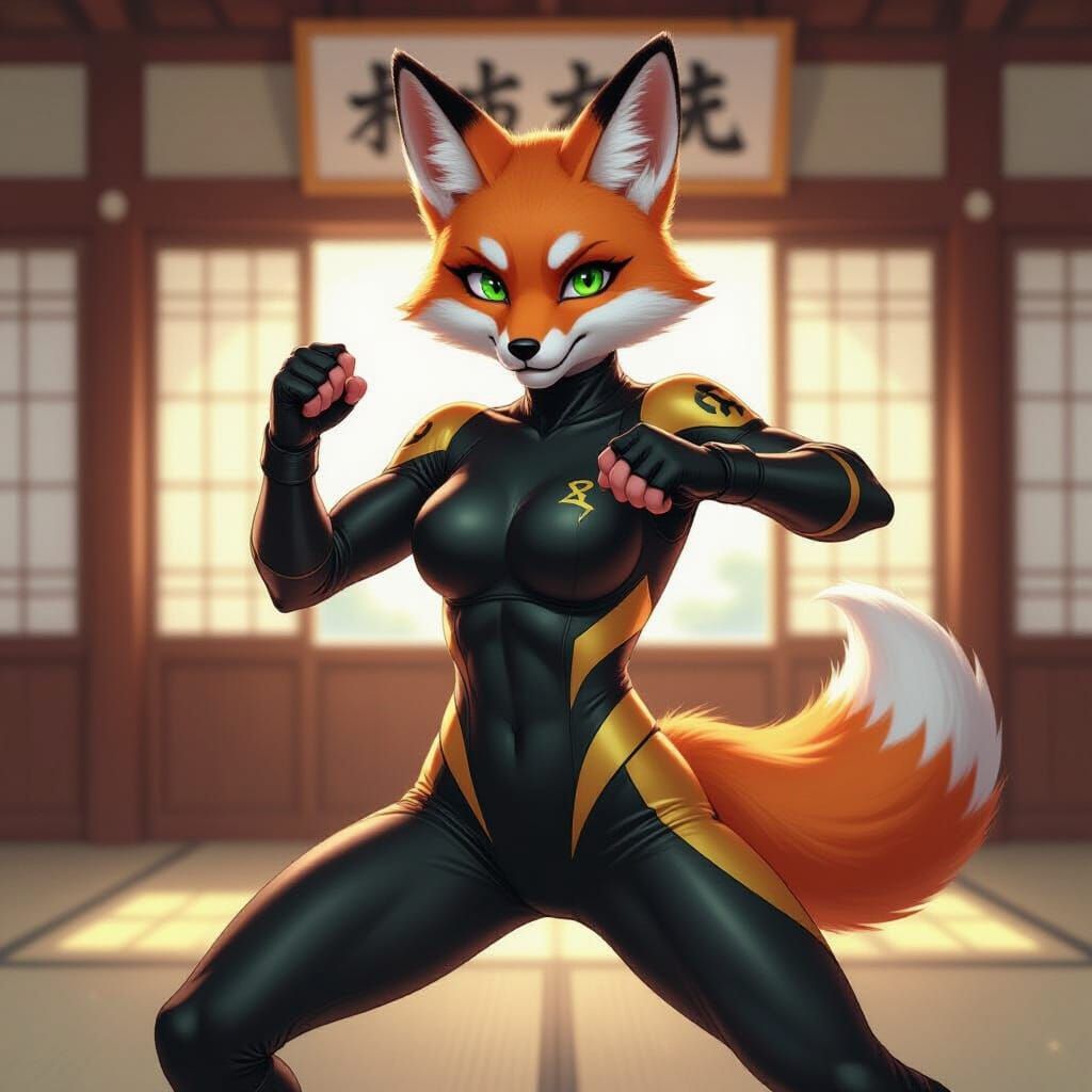 Fox Girl in Karate Dojo, Striking Fighting Pose