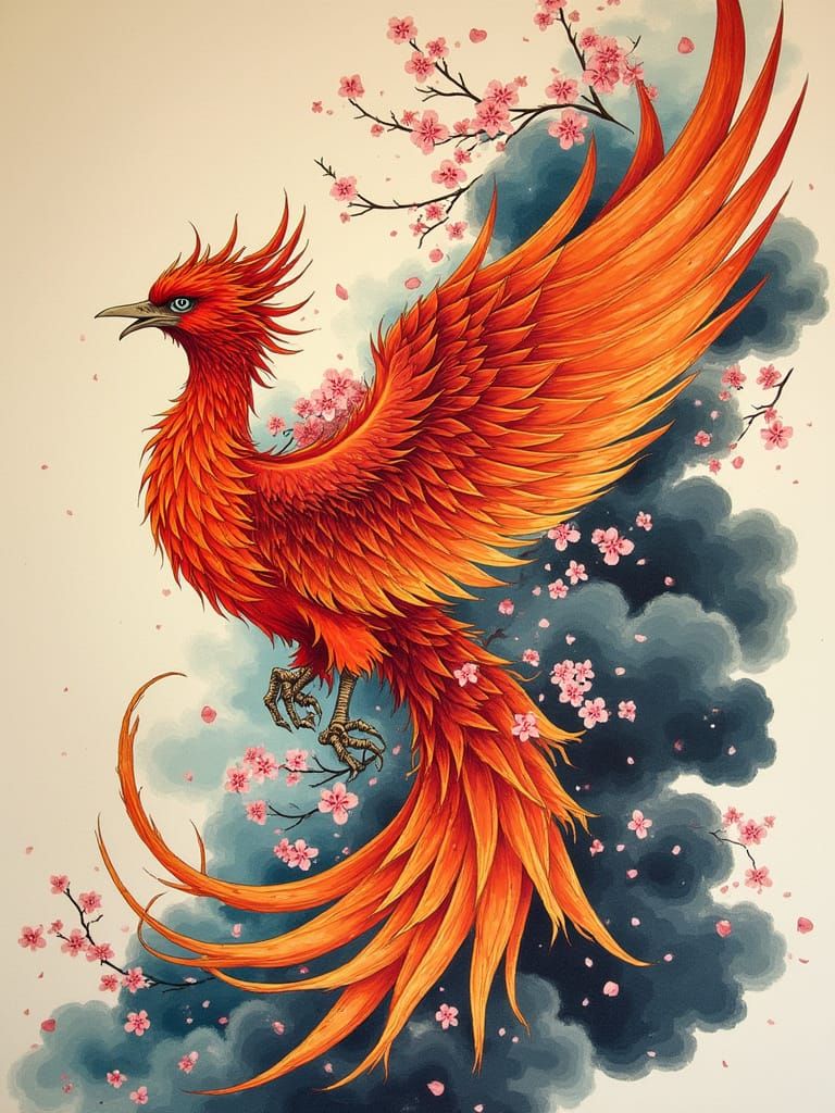 Japanese Phoenix Tattoo Design in Sumi-E Style