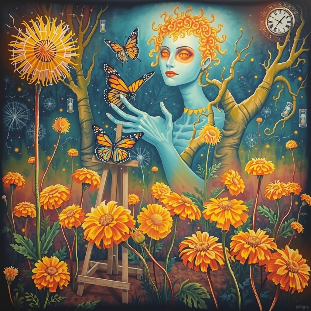 Surreal Landscape with Dandelions, Clocks, and Cubist Art