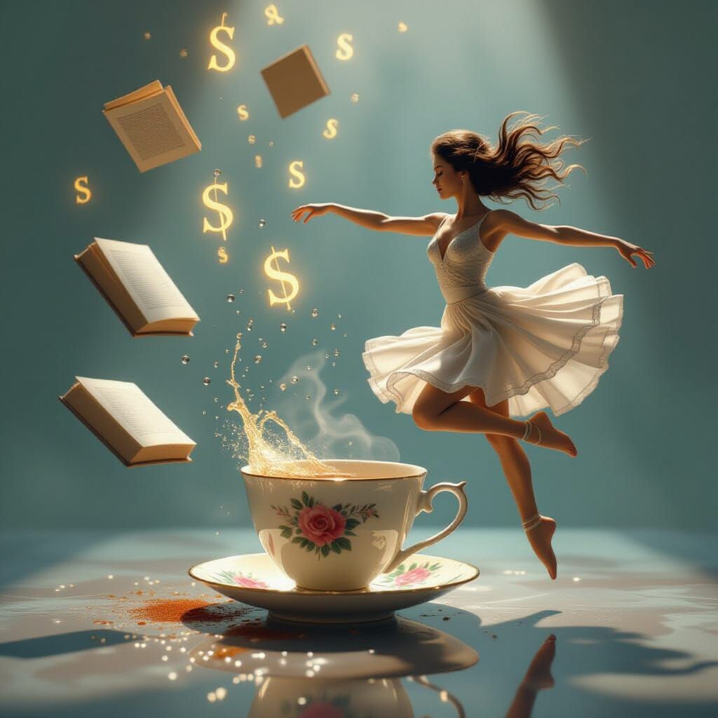 Surreal Teacup Spill with Dancer in Digital Art Style