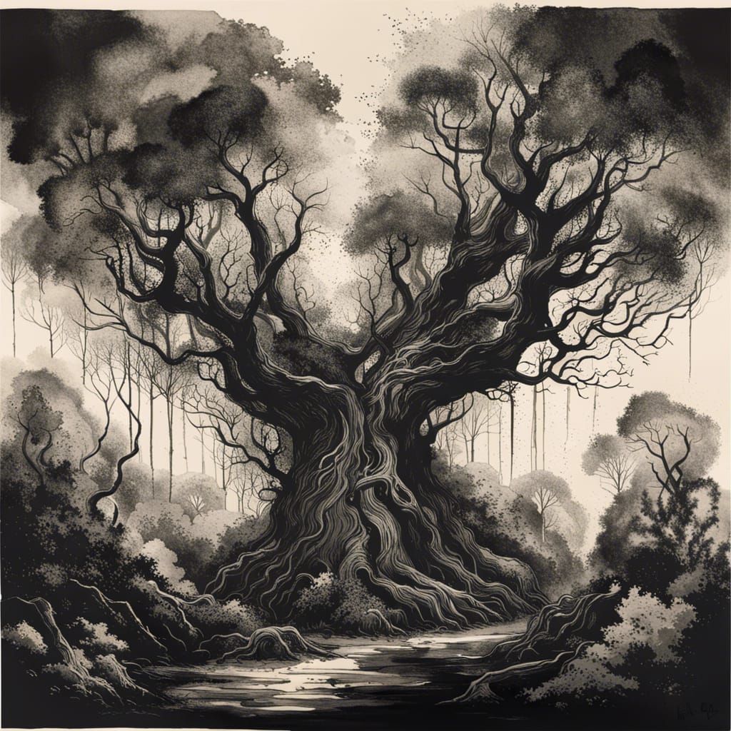 Enigmatic Forest: Ethereal Ink Artwork of Ancient Trees