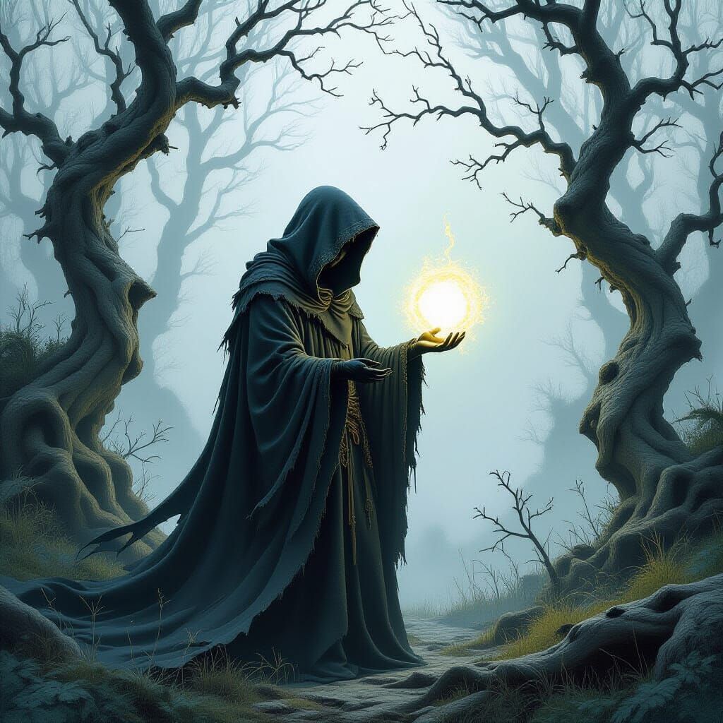 Mystical Hooded Figure in Dark Fantasy Forest