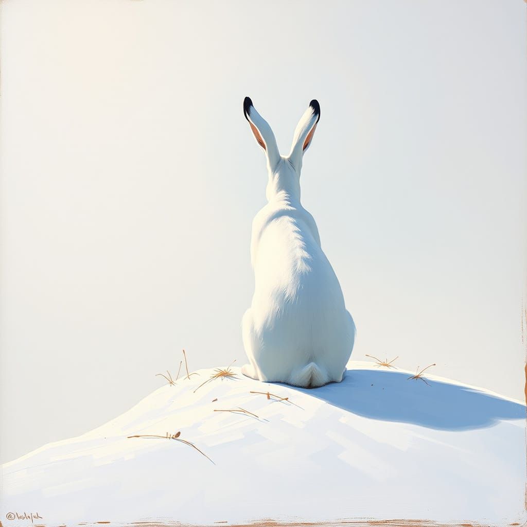 Arctic Hare in Snowy Field, Impasto Painting