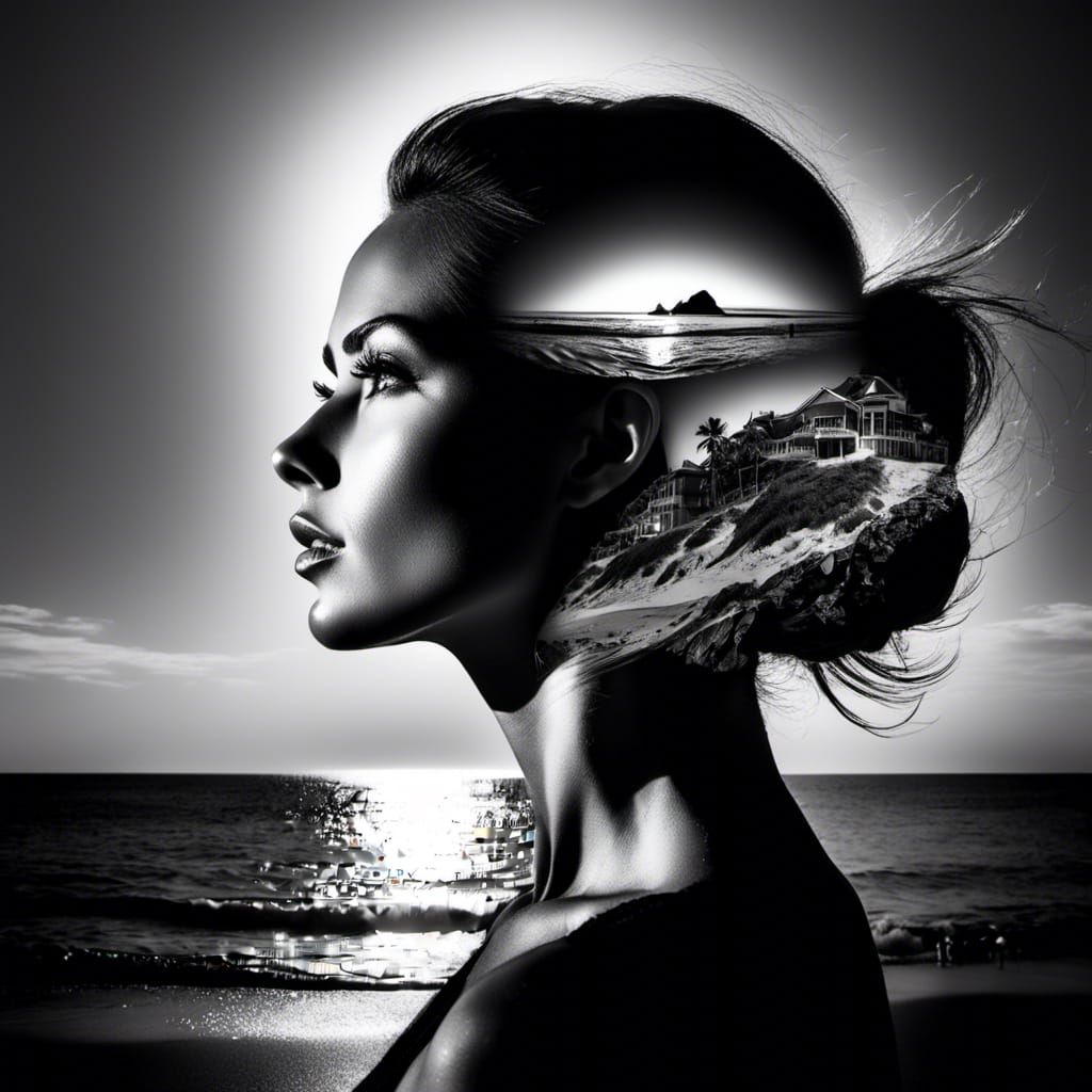 Double Exposure Portrait: Woman and Beach