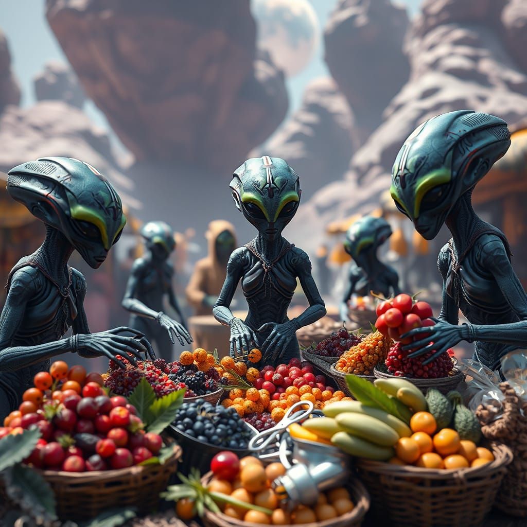 Alien Market with Colorful Food, Detailed Matte Painting